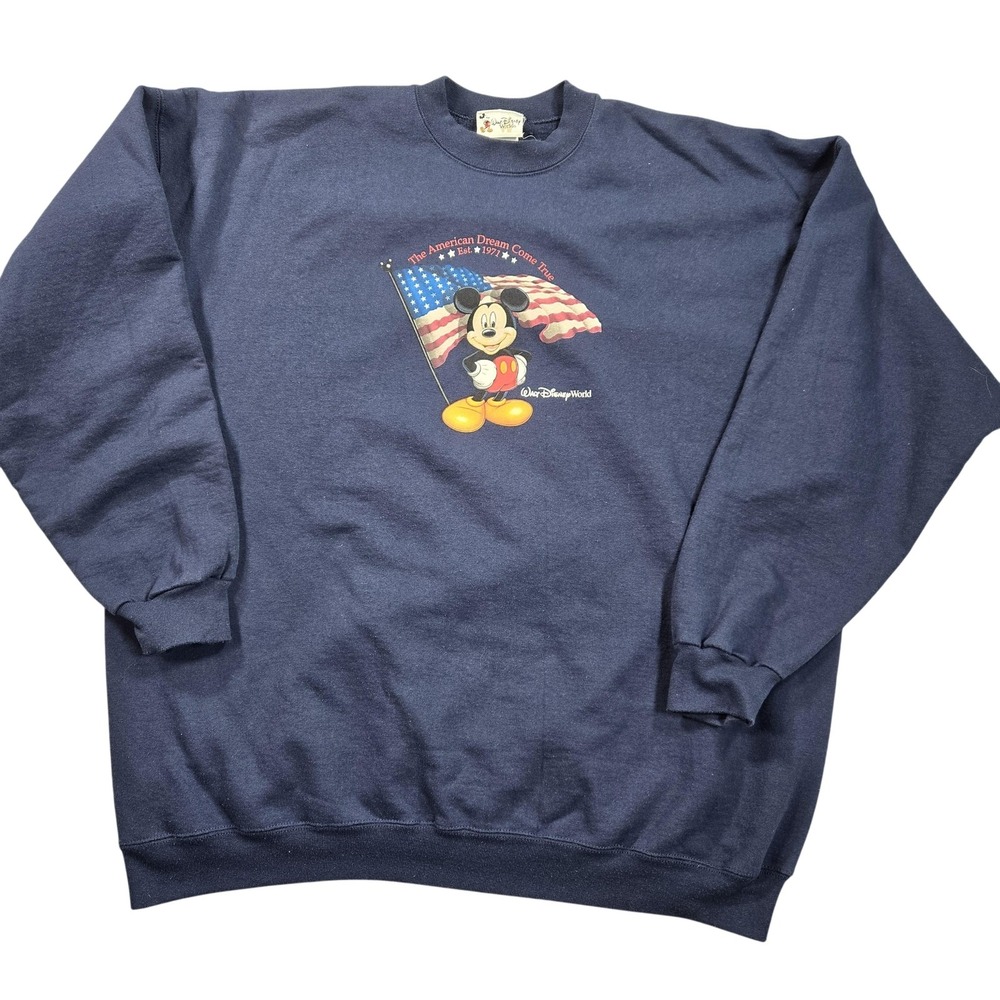 Disney Sweatshirt Mens 2XL Blue Mickey Mouse American Flag USA‎ Pullover Fleece